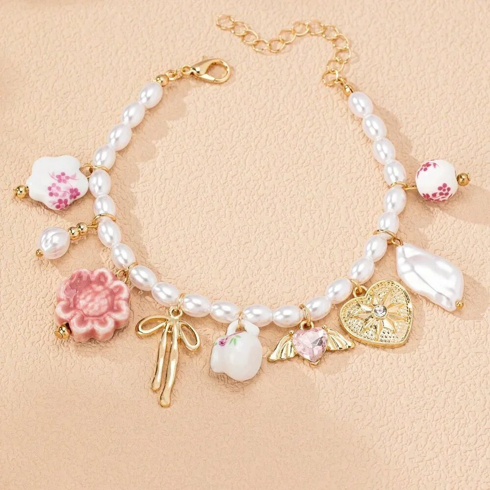 Multicolor Boho Women's Ceramic Bow Heart Multi Charm
